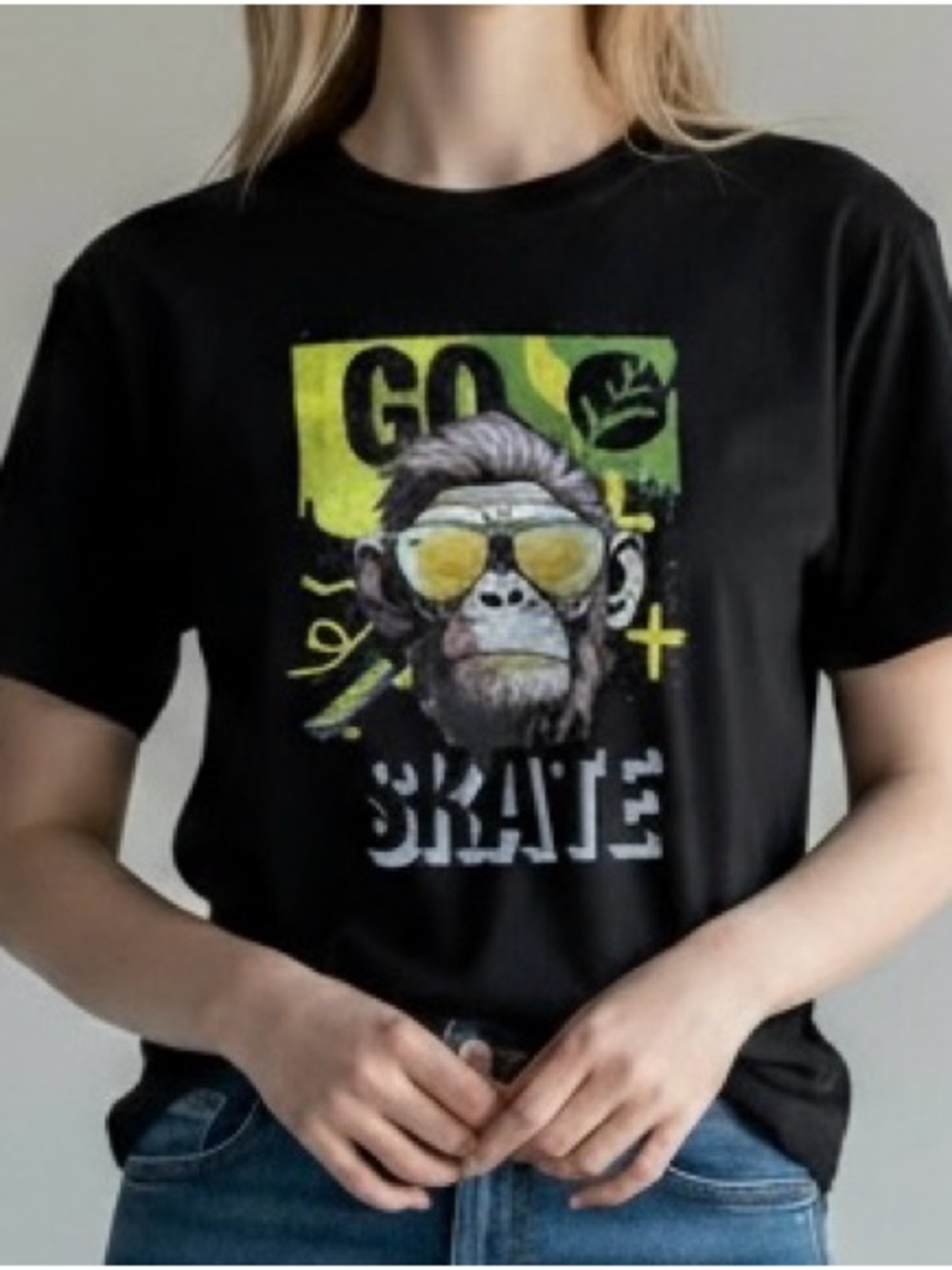 PORT & COMPANY Men's Black Monkey Go Skate Graphic T-Shirt Size S Short‎ Sleeve